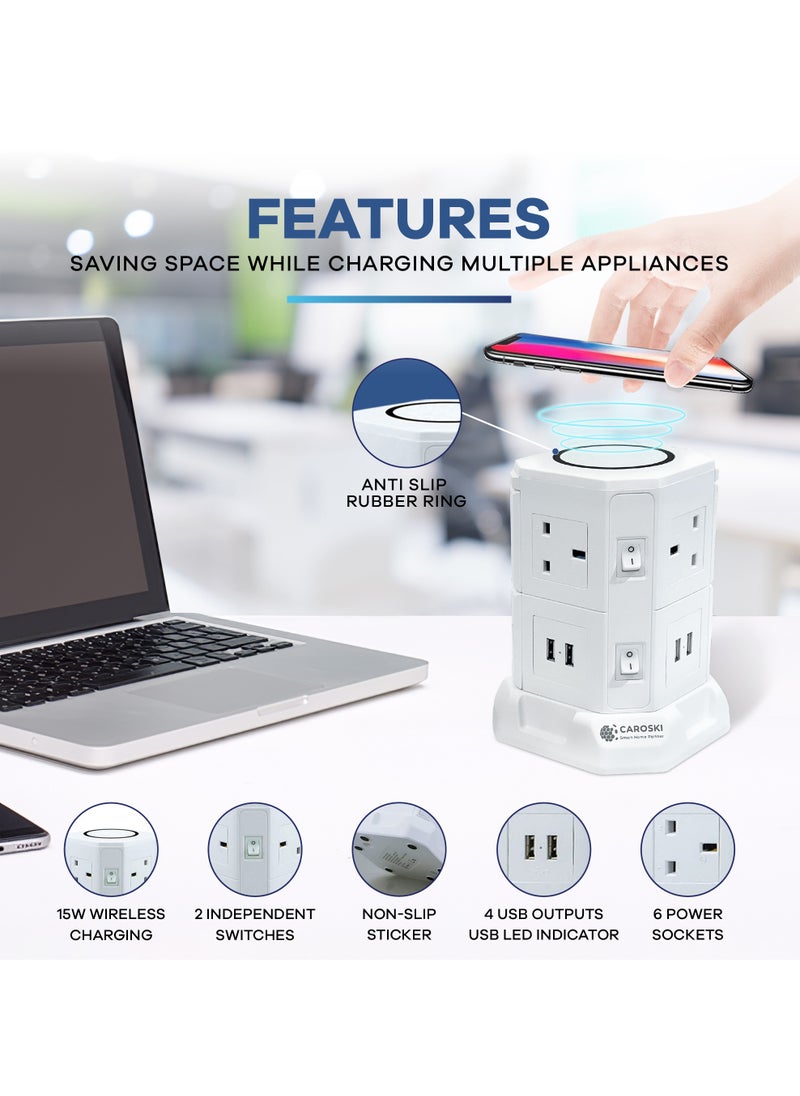 CAROSKI - CAROSKI Tower Extension Cord 6 Power Socket 13 Ampere with 4 USB Charger Station Wireless Extension Tower is Fire Retardant Multi-Plug Office Supplies Protected Extension Cable - Image 1