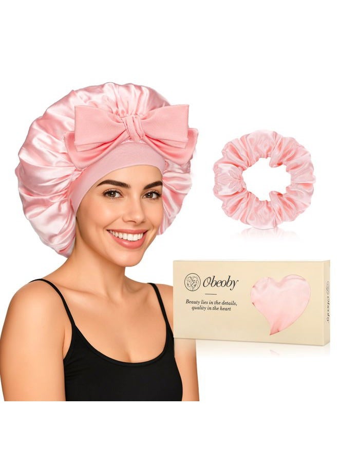 obeoby Double-Layer Satin Silk Sleep Bonnet for Women with Adjustable Tie Band, Pink, 5 1/8 - Image 1