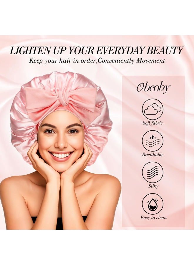 obeoby Double-Layer Satin Silk Sleep Bonnet for Women with Adjustable Tie Band, Pink, 5 1/8 - Image 2
