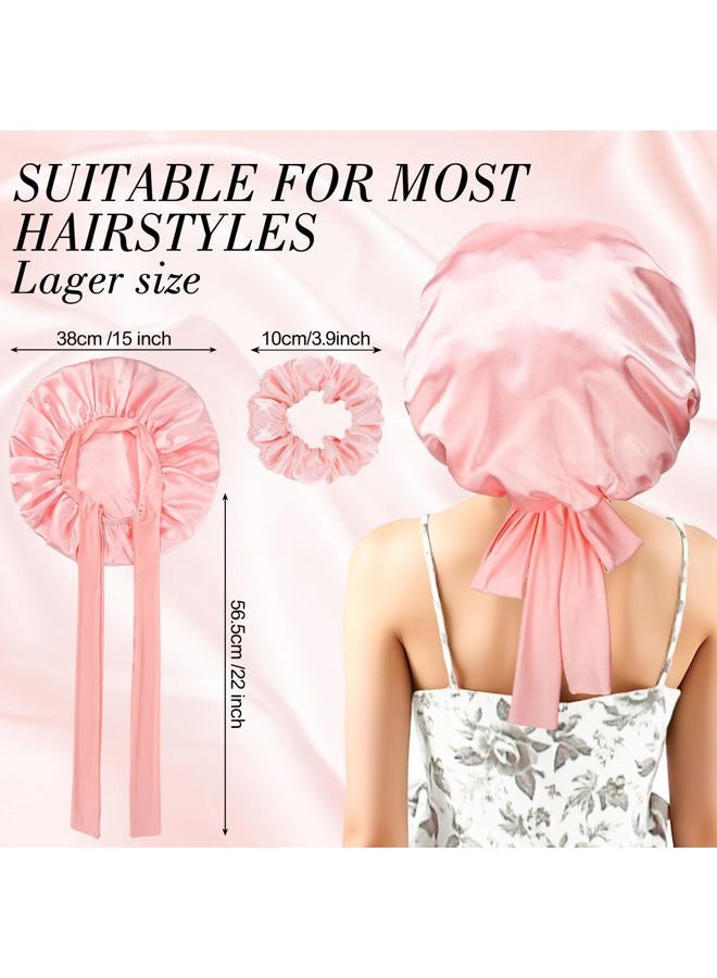 obeoby Double-Layer Satin Silk Sleep Bonnet for Women with Adjustable Tie Band, Pink, 5 1/8 - Image 3