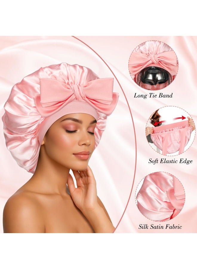 obeoby Double-Layer Satin Silk Sleep Bonnet for Women with Adjustable Tie Band, Pink, 5 1/8 - Image 4
