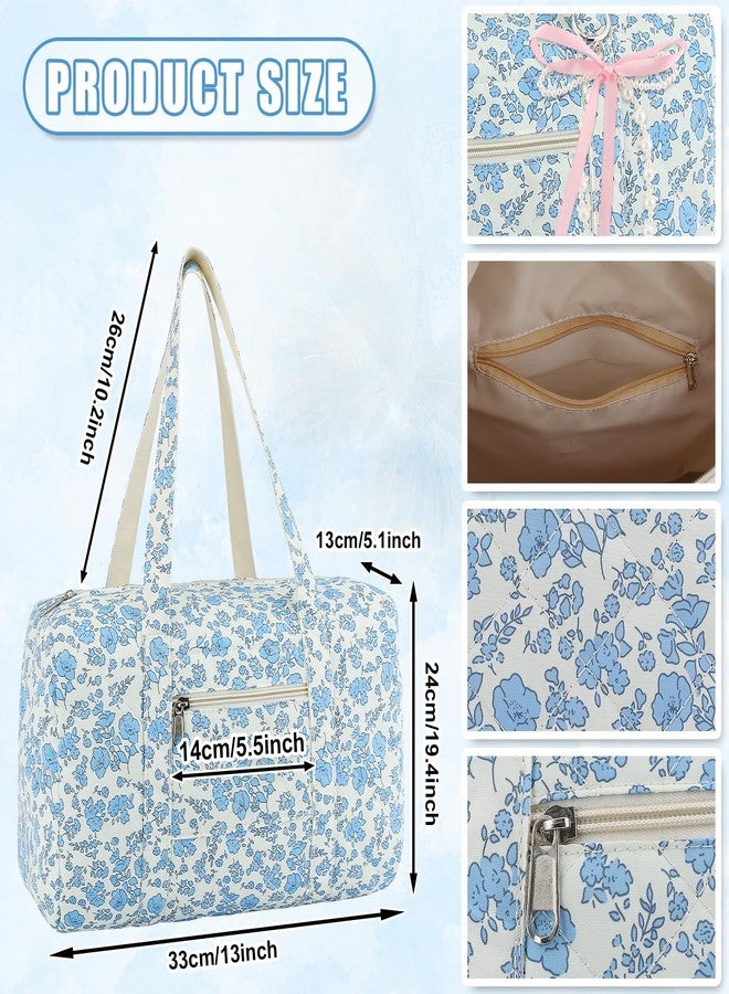 Lebaley Pearl Bow Coquette Bag - Blue Travel Bags, Women's Quilted Canvas Bag, Girl Canvas Bag, Coquette Tote Bag, Gym Bag, Weekend Bag For Via - Image 3