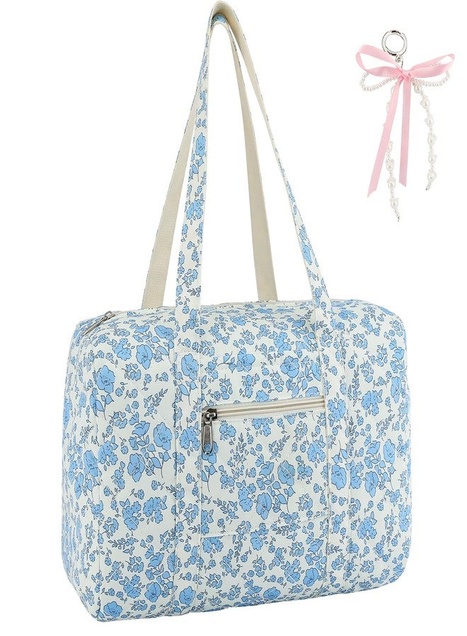 Lebaley Pearl Bow Coquette Bag - Blue Travel Bags, Women's Quilted Canvas Bag, Girl Canvas Bag, Coquette Tote Bag, Gym Bag, Weekend Bag For Via - Image 1
