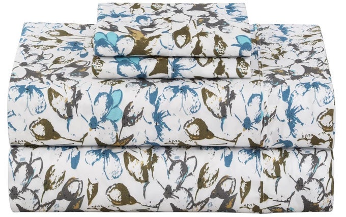 FLORAL BED SHEET QUEEN SIZE DOUBLE BRUSHED MICROFIBER PRINTED DEEP POCKET SHEETS FITTED UP TO 15 BREATHABLE EXTRA SOFT BLUE BLACK FLOWER PATTERN SHEETS 4 PIECE DWINDLE