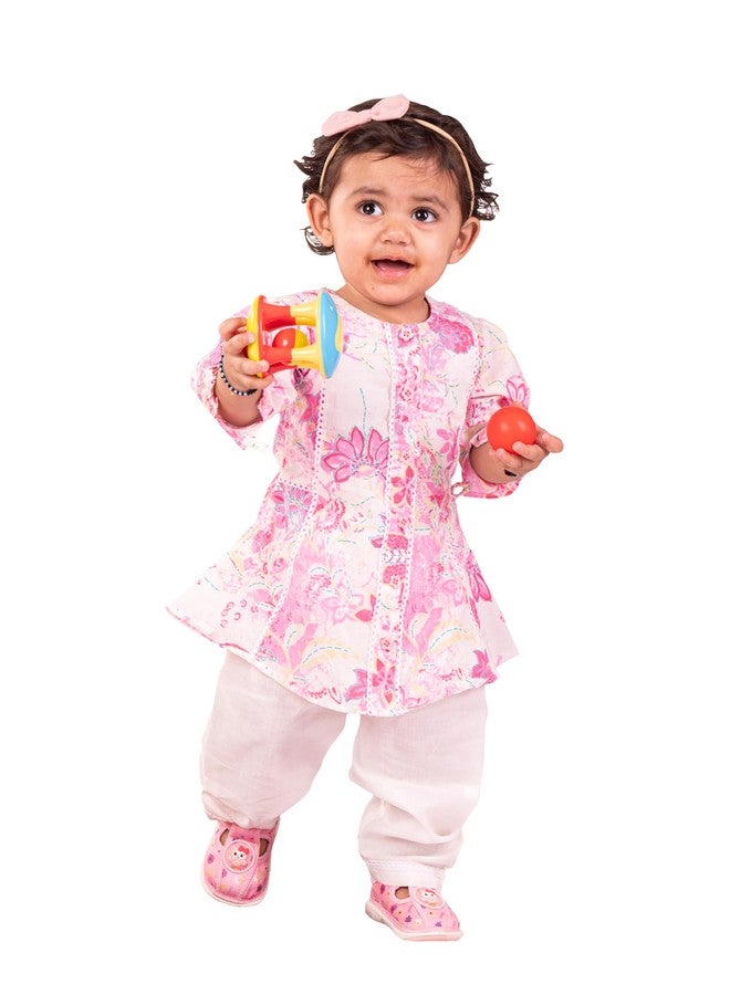 VASTRAMAY Girls' Cotton Pink Kurta And Pyjama Set | Allover Printed Kurta and Pyjama Set For Infants - Image 1
