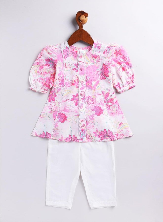 VASTRAMAY Girls' Cotton Pink Kurta And Pyjama Set | Allover Printed Kurta and Pyjama Set For Infants - Image 3