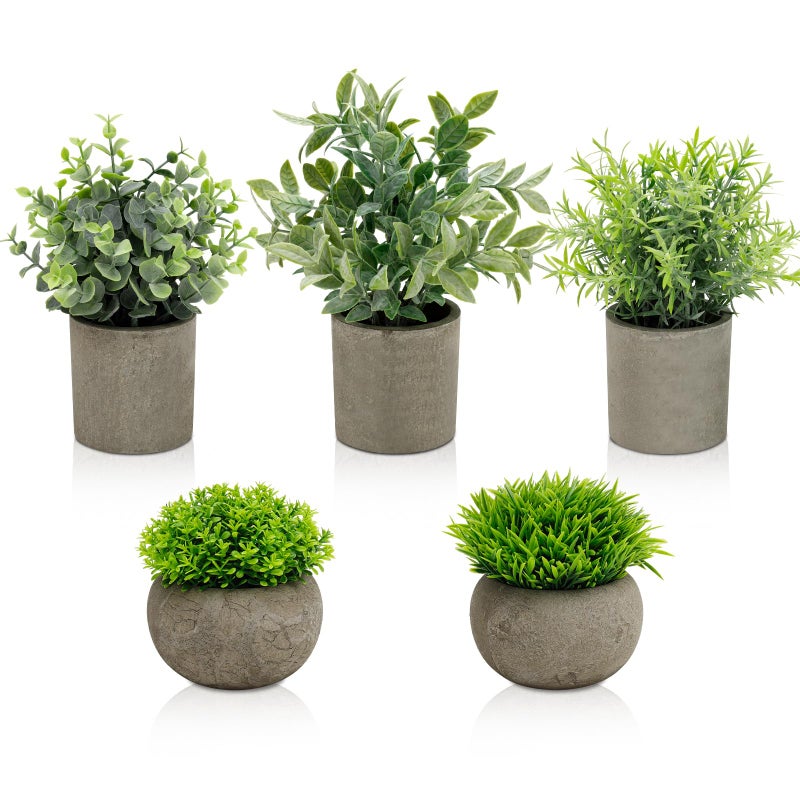 AUUGUU Artificial Potted Plants Faux Greenery in Cement Pots for Shelf, Bookshelf, Office or Home Decor, Small Decorative Fake Plants for Modern Indoor Display - Image 1