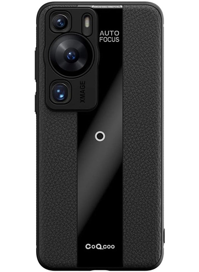 AUTO FOCUS Compatible with Huawei P60 Pro Luxury case TPU Frame & Electroplated Glass & Leather Back Cover Compatible with Huawei P60 Pro Camera Protection Shockproof Case (Black)  - Image 1