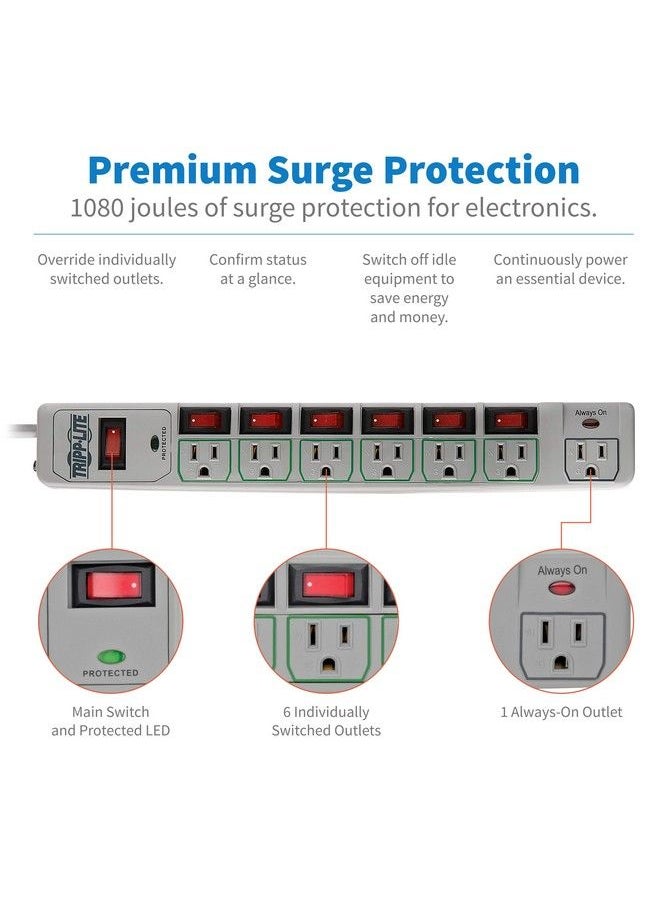 Tripp Lite - Tlp76Msg 7 Outlet (6 Individually Controlled) Surge Protector Power Strip 6Ft Cord Lifetime Limited Warranty & Dollar 25K Insurance - Image 1
