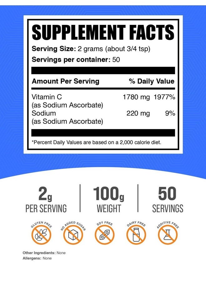 بالك سابلمنتس مسحوق أسكوربات الصوديوم من BulkSupplements.com - لدعم المناعة، أسكوربات الصوديوم فيتامين سي - فيتامين سي المخزن، خالٍ من الجلوتين، 2000 ملجم لكل وجبة، 100 جرام (3.5 أونصة) (عبوة من قطعة واحدة)  - Image 2
