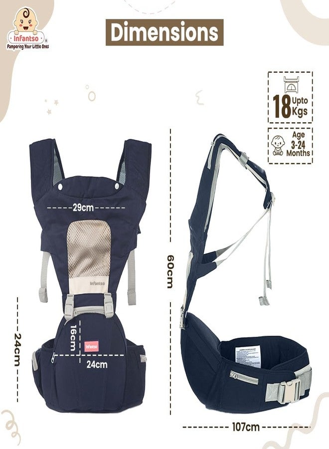 Infantso Premium Hip Seat Baby Carrier with 6 Adjustable Carry Positions, Carrier for 0 to 3 years Baby with Hip Seat, Kangaroo Style Bag, Baby carrying Bag for Newborn to Toddler, Weight upto 15kgs (Blue&Grey) - Image 5