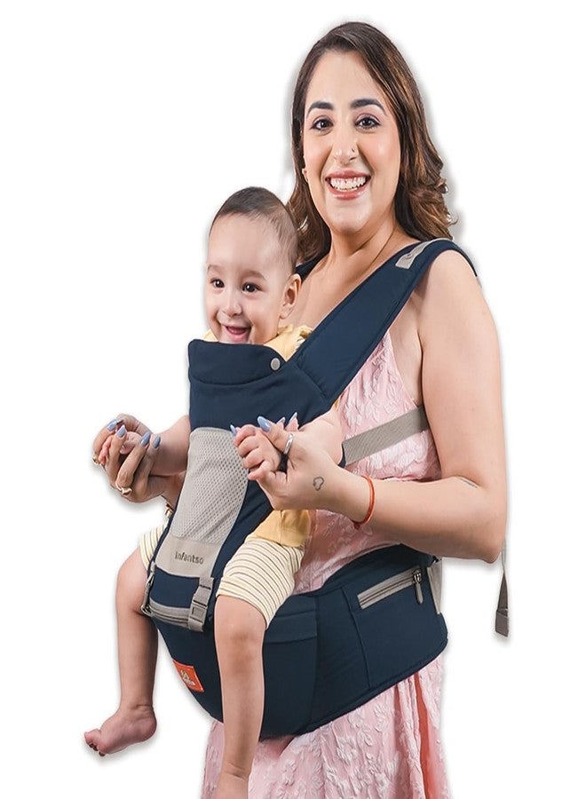 Infantso Premium Hip Seat Baby Carrier with 6 Adjustable Carry Positions, Carrier for 0 to 3 years Baby with Hip Seat, Kangaroo Style Bag, Baby carrying Bag for Newborn to Toddler, Weight upto 15kgs (Blue&Grey) - Image 1