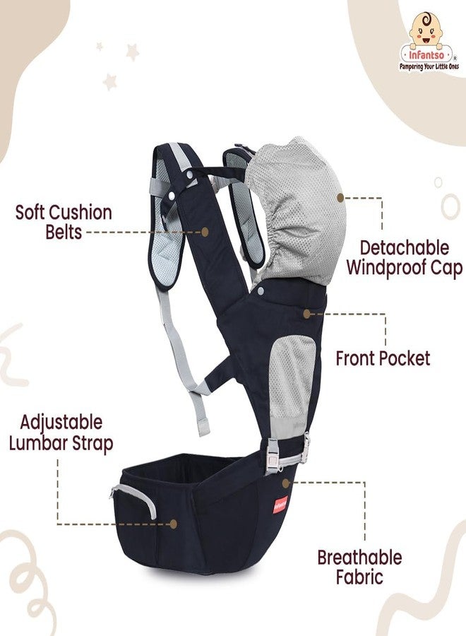 Infantso Premium Hip Seat Baby Carrier with 6 Adjustable Carry Positions, Carrier for 0 to 3 years Baby with Hip Seat, Kangaroo Style Bag, Baby carrying Bag for Newborn to Toddler, Weight upto 15kgs (Blue&Grey) - Image 4