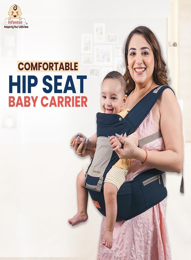 Infantso Premium Hip Seat Baby Carrier with 6 Adjustable Carry Positions, Carrier for 0 to 3 years Baby with Hip Seat, Kangaroo Style Bag, Baby carrying Bag for Newborn to Toddler, Weight upto 15kgs (Blue&Grey) - Image 3
