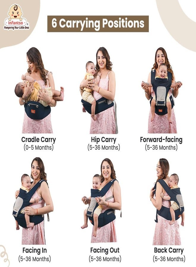 Infantso Premium Hip Seat Baby Carrier with 6 Adjustable Carry Positions, Carrier for 0 to 3 years Baby with Hip Seat, Kangaroo Style Bag, Baby carrying Bag for Newborn to Toddler, Weight upto 15kgs (Blue&Grey) - Image 2