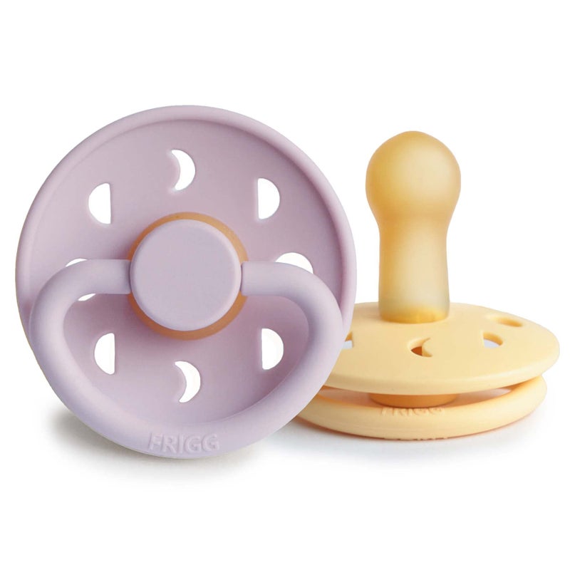 FRIGG Moon Natural Rubber Baby Pacifier | Made in Denmark | BPA-Free (Soft Lilac/Daffodil, 6-18 Months) 2-Pack - Image 1