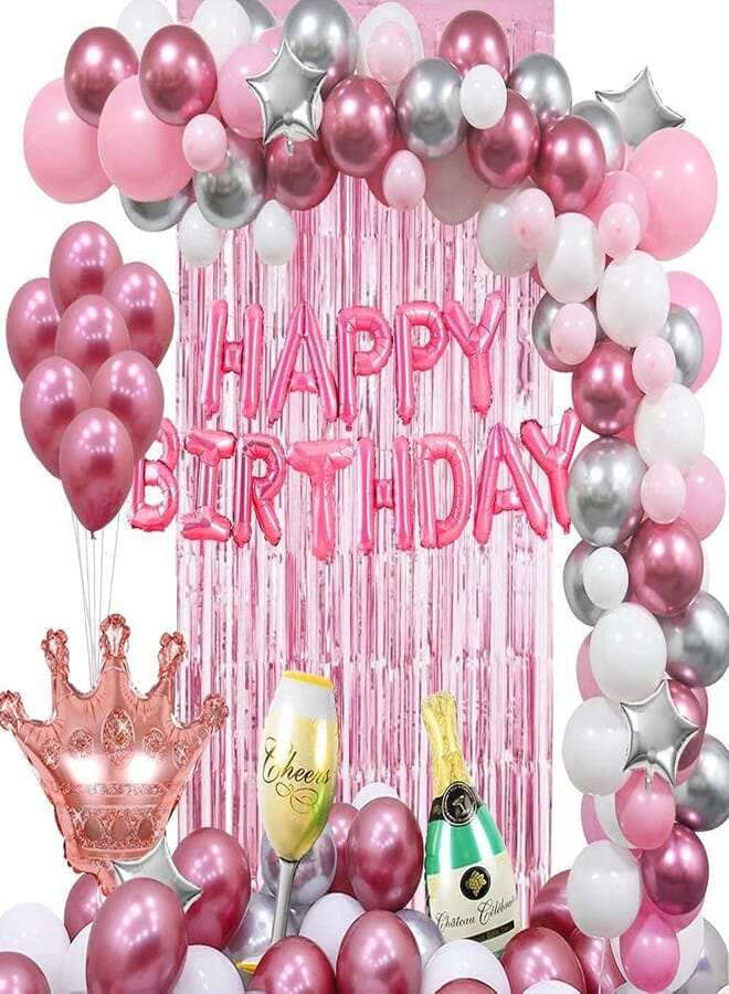 Secret BirthDay Party Decoration for Women Girls,Pink BirthDay Party Balloons with Happy BirthDay Banner Crown Balloons Foil Curtains for Women BirthDay Party Supplies