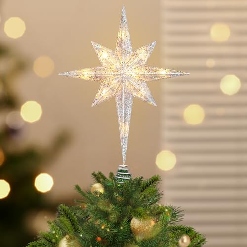 Luxspire Christmas Tree Topper Lighted Star Tree Topper with USB Plugin Remote Control 10 LED Christmas Decorations Light Xmas Trees Vintage Ornament for Home Bethlehem StarSilver - Image 1
