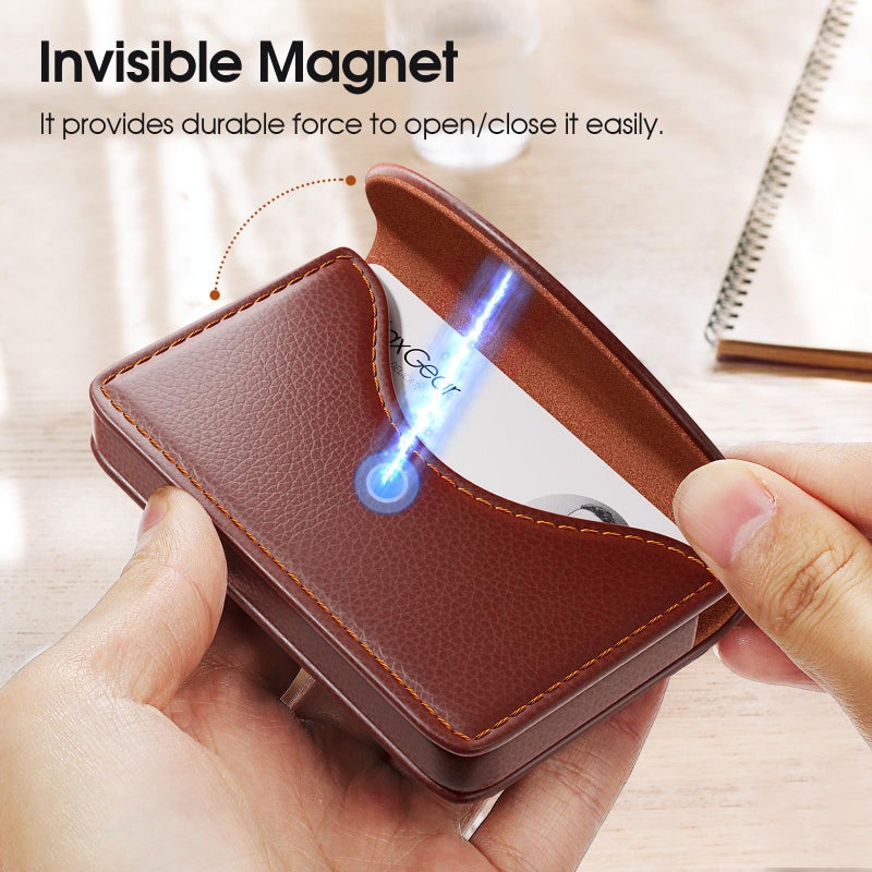 MaxGear Business Card Holder Case, PU Leather Business Card Case for Purse, Pocket Travel Name Card Holder Wallet for Men or Women, Portable Magnetic Business Card Carrier for Christmas Gift, Coffee - Image 3
