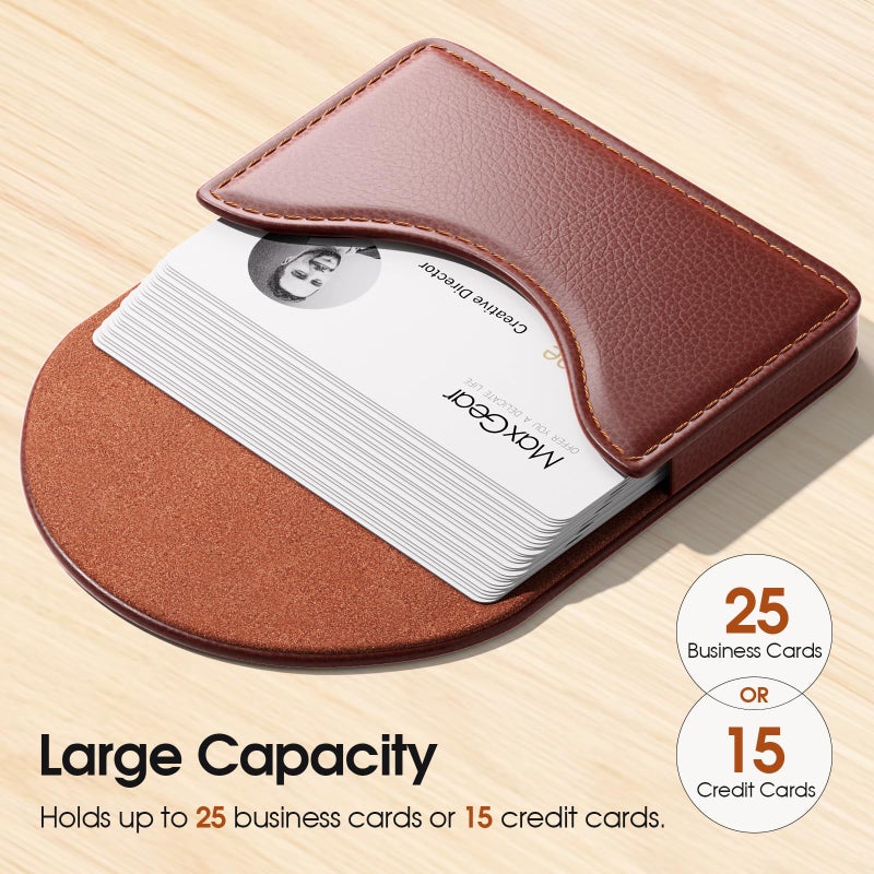 MaxGear Business Card Holder Case, PU Leather Business Card Case for Purse, Pocket Travel Name Card Holder Wallet for Men or Women, Portable Magnetic Business Card Carrier for Christmas Gift, Coffee - Image 2