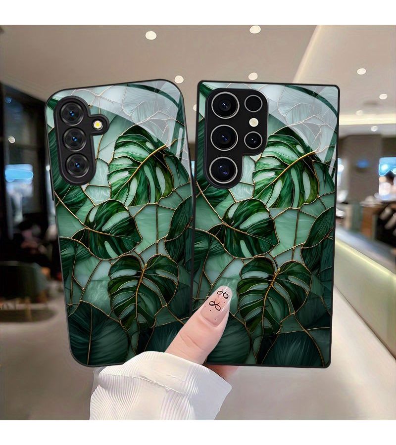 Tropical Green Plant Print Tempered Glass Phone Case For Galaxy Note 9 Anti Drop Durable Fashionable Cute Business High Protection Mixed Color 1 - Image 3