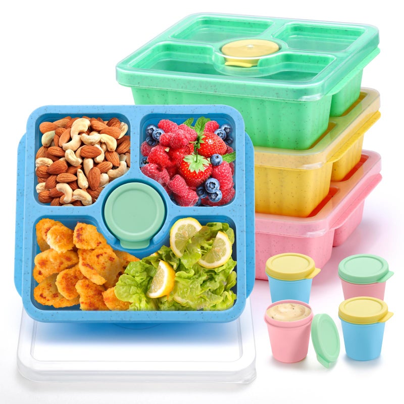 QQKO Bento Snack Box for Adults Kids Lunchable Meal Prep Container Reusable 4 Pack Divided Food Storage With Lids Stackable Lunch Box With Sauce Cups Pastel