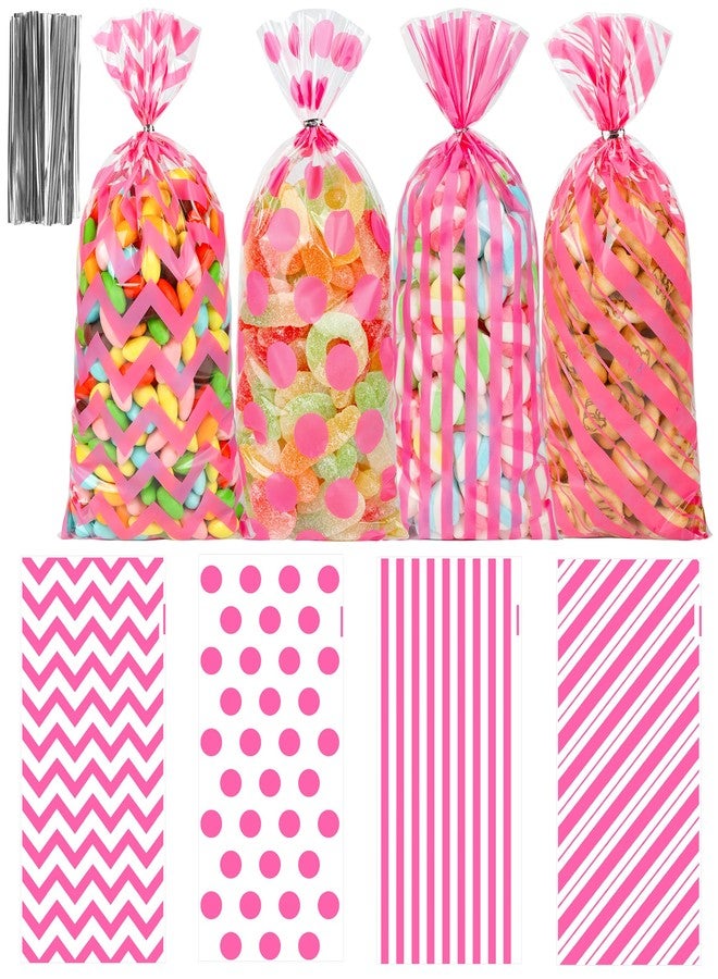 ZYLOP 100 Pcs Pink Cellophane Treat Bags, 5x11" Pink Polka Dot & Stripe Goodie Bags for Candy, Cookies & Party Favors, Pinks Plastic Gift Bags with Twist Ties for Wedding, Birthday, Baby Shower, Bakery - Image 1