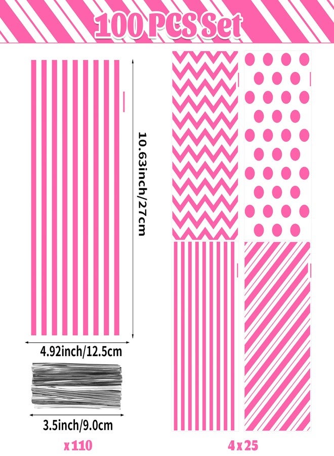 ZYLOP 100 Pcs Pink Cellophane Treat Bags, 5x11" Pink Polka Dot & Stripe Goodie Bags for Candy, Cookies & Party Favors, Pinks Plastic Gift Bags with Twist Ties for Wedding, Birthday, Baby Shower, Bakery - Image 2