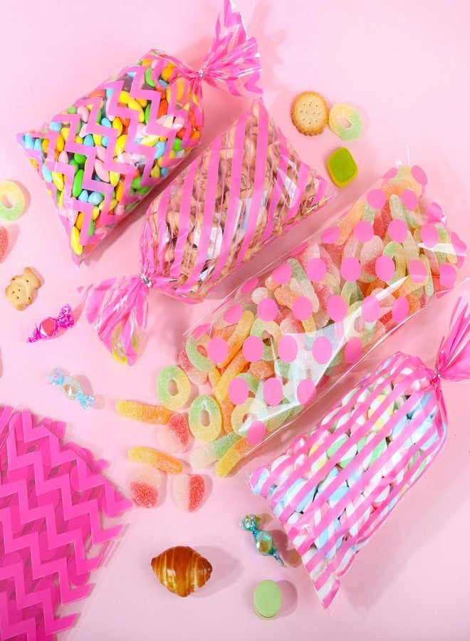 ZYLOP 100 Pcs Pink Cellophane Treat Bags, 5x11" Pink Polka Dot & Stripe Goodie Bags for Candy, Cookies & Party Favors, Pinks Plastic Gift Bags with Twist Ties for Wedding, Birthday, Baby Shower, Bakery - Image 3