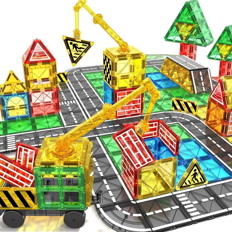 Magnetic Tiles Road Set with Crane Car - Construction Toy for Kids Ages 3-8 - Image 1