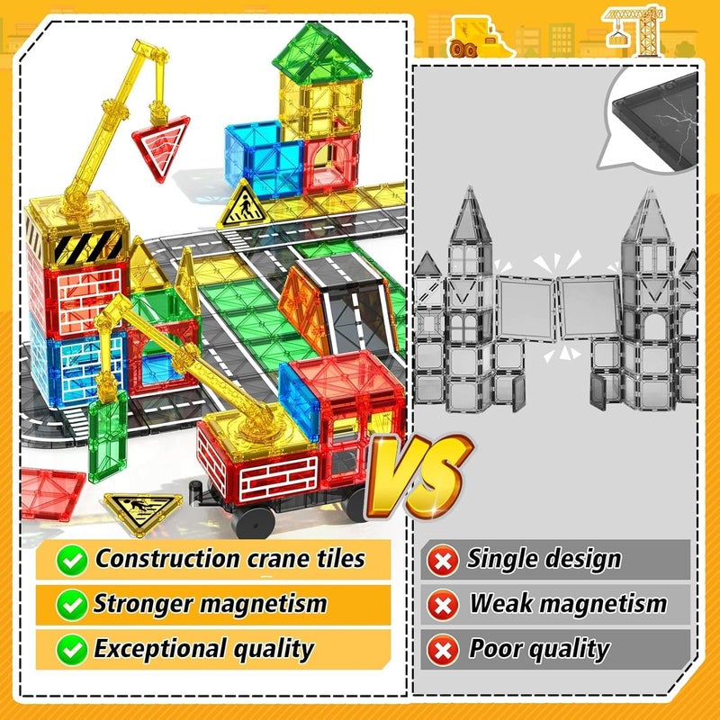 Magnetic Tiles Road Set with Crane Car - Construction Toy for Kids Ages 3-8 - Image 4