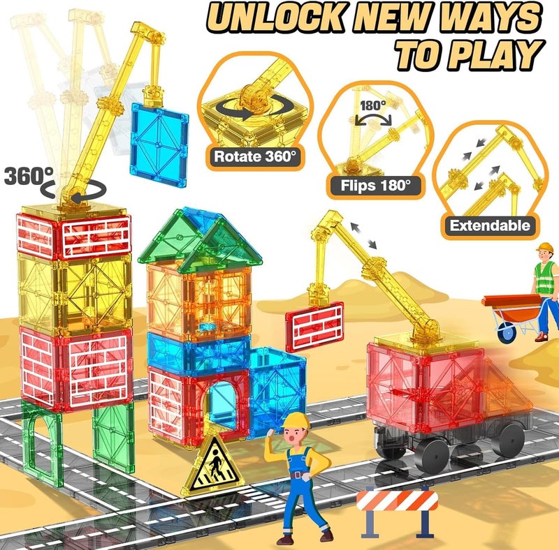 Magnetic Tiles Road Set with Crane Car - Construction Toy for Kids Ages 3-8 - Image 2