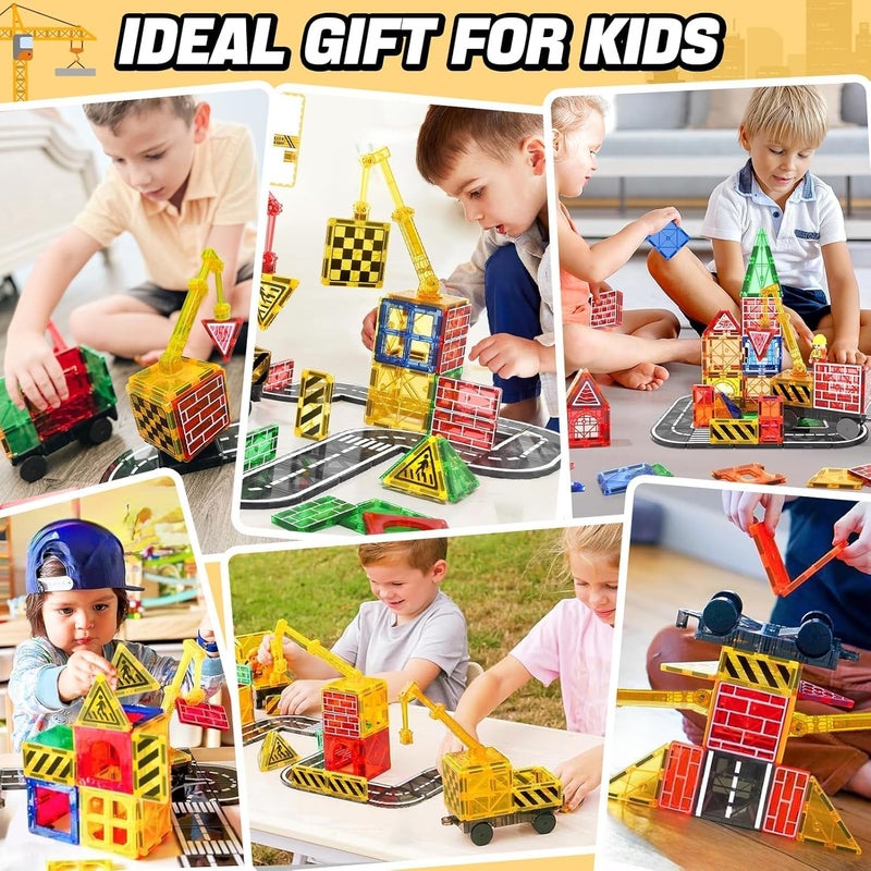 Magnetic Tiles Road Set with Crane Car - Construction Toy for Kids Ages 3-8 - Image 3
