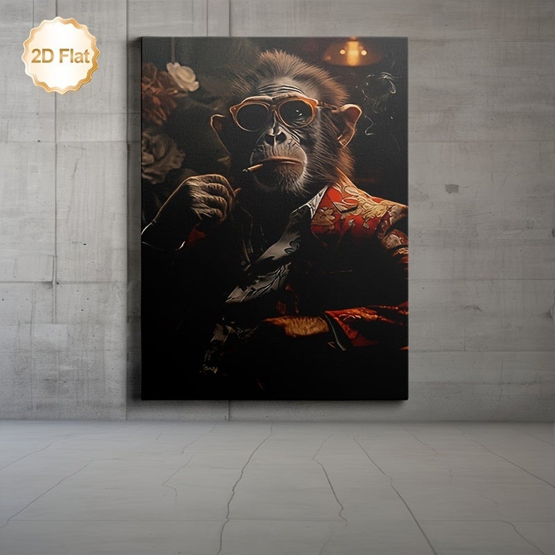 Framed Canvas Print of Fashionable Chimpanzee Smoking with Glasses and Floral Jacket, 60x90cm - Image 2