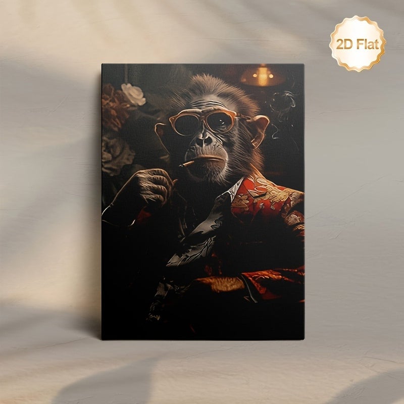 Framed Canvas Print of Fashionable Chimpanzee Smoking with Glasses and Floral Jacket, 60x90cm - Image 1