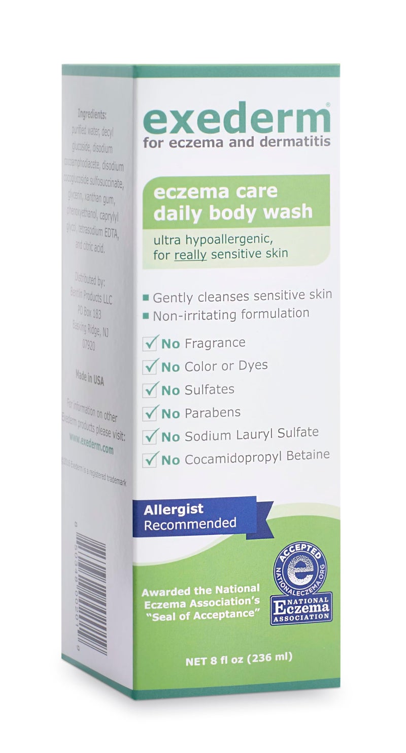 Exederm Body Wash for Eczema & Dermatitis, 8 Fl Oz, Ultra Sensitive Non-Irritating Bodywash, Gentle, Moisturizing Anti-Itch Cleanser for Red, Itchy, Dry Skin, Hypoallergenic, Sulfate & Paraben Free