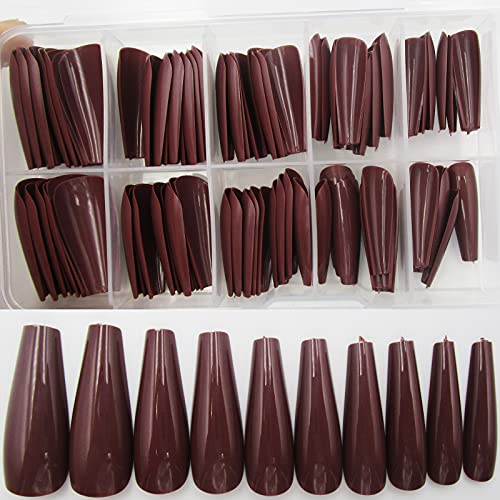 LifexTol 100pc Colored Coffin Press on Nails Long Ballerina False Fake Nail Tips Full Cover Manicure Design Acrylic Nails for Women Teen Girls Dark Coffee - Image 2