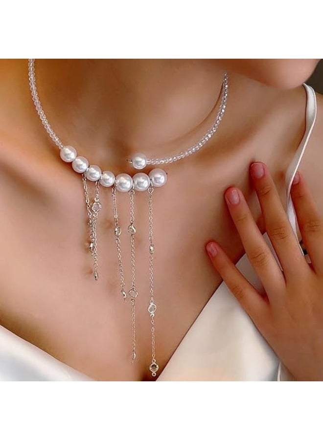 قلادات لؤلؤ أنيقة للنساء، قلادة تشوكر دائرية قابلة للتعديل من اللؤلؤ للعروس وحفلات الزفاف، قلادة سلسلة من اللؤلؤ الاصطناعي - Image 1