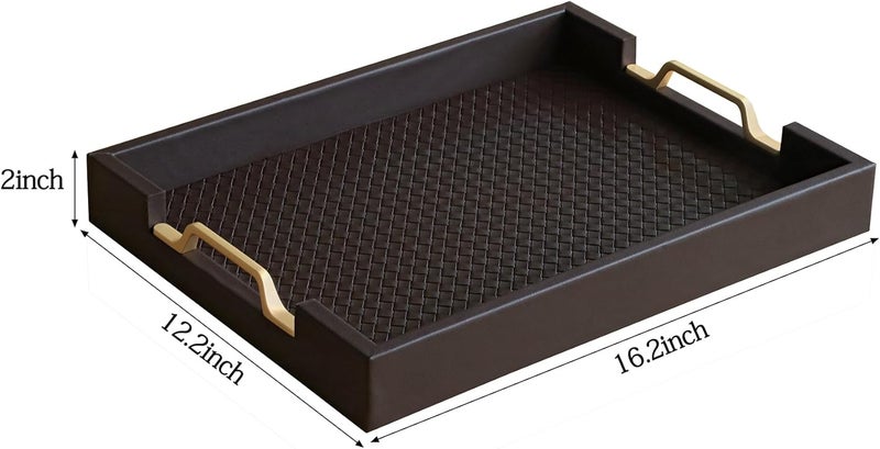HofferRuffer Faux Leather Rectangle Serving Tray Decor Platter with Gold Metal Handles for Coffee Table Breakfast Tea Food Countertop Kitchen Butler Tray 162 x 122 x 2 inches Coffee - Image 2