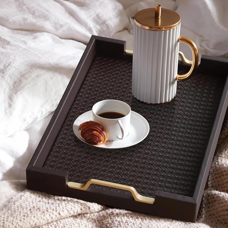 HofferRuffer Faux Leather Rectangle Serving Tray Decor Platter with Gold Metal Handles for Coffee Table Breakfast Tea Food Countertop Kitchen Butler Tray 162 x 122 x 2 inches Coffee - Image 4