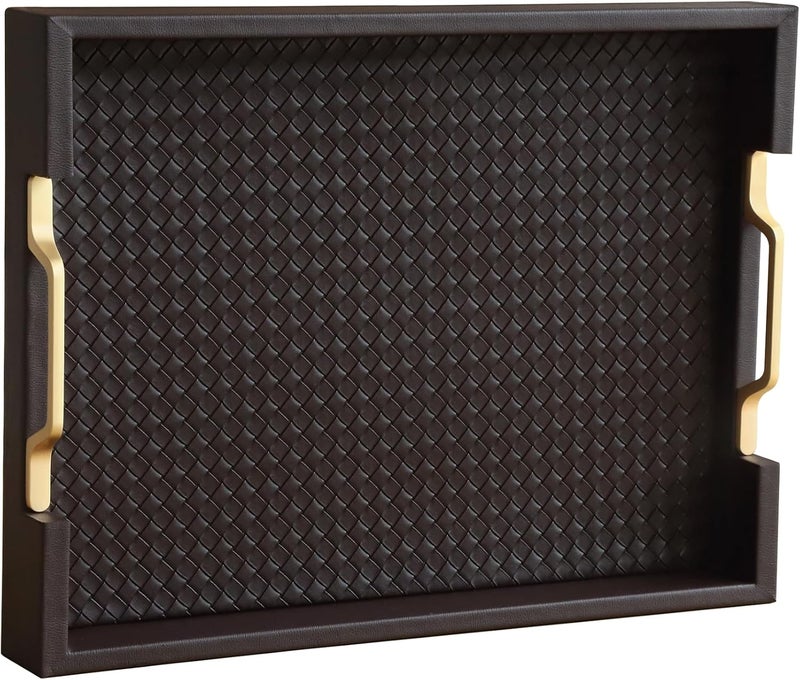 HofferRuffer Faux Leather Rectangle Serving Tray Decor Platter with Gold Metal Handles for Coffee Table Breakfast Tea Food Countertop Kitchen Butler Tray 162 x 122 x 2 inches Coffee - Image 1