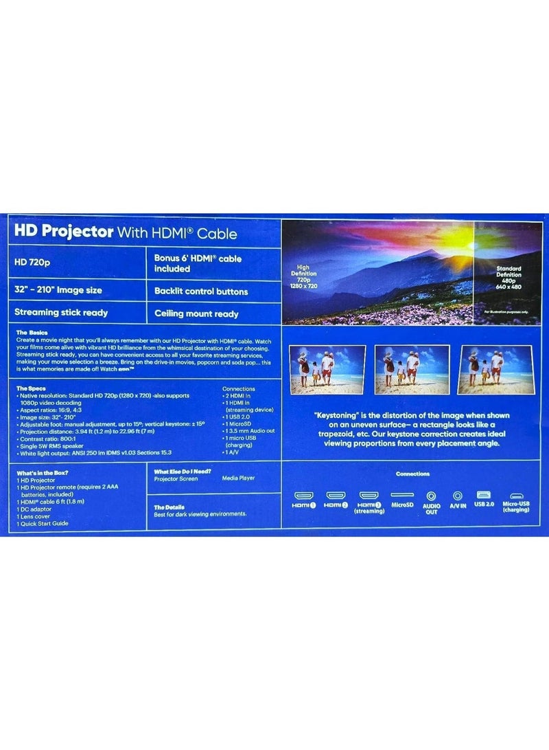 او ان ان جهاز عرض سينمائي منزلي بشاشة LCD عالية الدقة 720p، جاهز للبث المباشر، مزود بكابل HDMI بطول 6 أقدام، ومكبر صوت بقوة 5 واط، وجهاز تحكم عن بعد، وحجم صورة يتراوح بين 32 و210 بوصة، ويدعم منافذ HDMI/USB/MicroSD/AV - Image 4