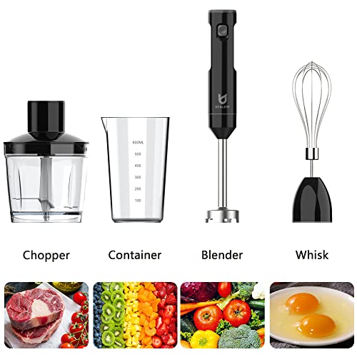 UTALENT Cordless Hand Blender, UTALENT Variable Speed Immersion Blender Rechargeable, with 500ml Chopper, 600ml container, Egg Whisk, for Smoothies, Baby Food and Soups – Black - Image 3