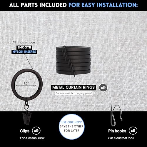 BlastHome® Luxury Curtain Rings - Premium Metal with Quiet, Smooth, Removable Nylon Inserts - Pinhooks & Clips Included - 1 1/2" Inside Diameter - 9 Rings for One Standard Curtain - Brushed Dark Brown - Image 4