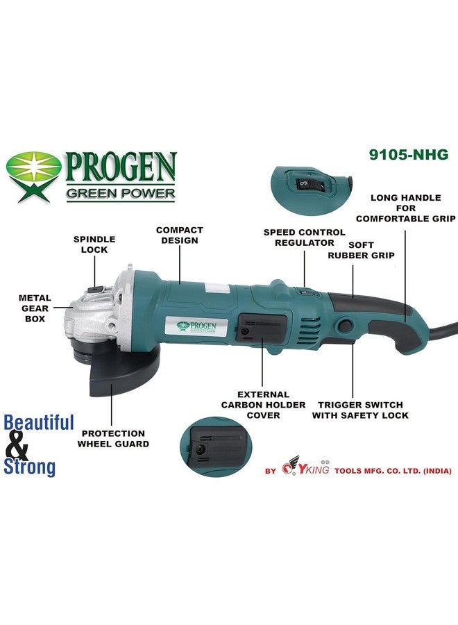 PROGEN 9105-NHG 1600W Professional 5"/125mm Angle Grinder - Ultimate Tool for Cutting, Grinding, Sharpening and Polishing (11000Rpm, HQB Bearings, Copper Armature, 3 Meter Cable) - Image 2