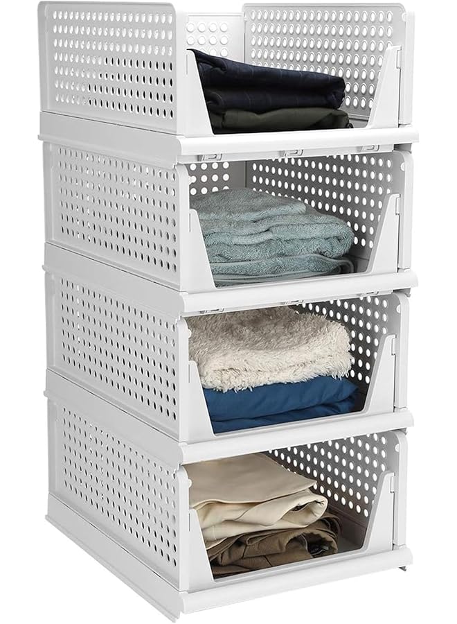 Green Tiger 4 Pack Folding Plastic Storage Basket, Multifunctional & Stackable Closet Organizers, Drawer Shelf Storage Container Bins for Wardrobe Cupboard Kitchen Bathroom Laundry Room Wardrobe Storage