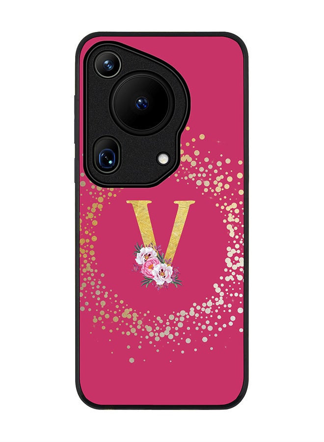 Stylizedd Rugged Black edge case for Huawei Pura 70 Ultra, Slim fit Case Cover - Custom Monogram Initial Letter Floral Pattern Alphabet - V ( Deep Pink Rose ) - Image 1