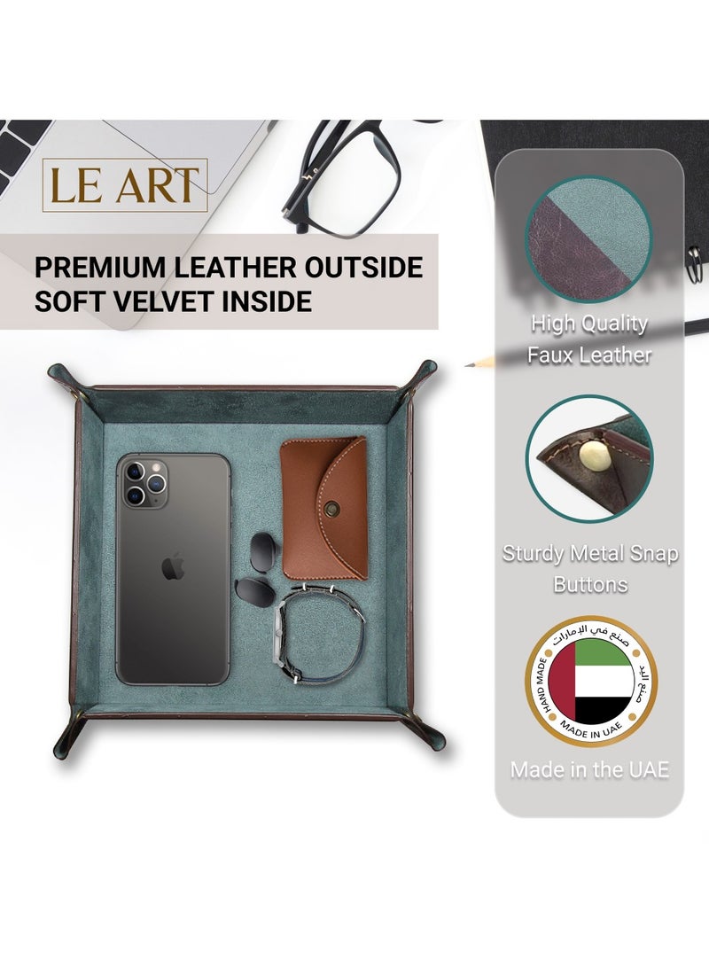 LeArt Leather Valet Tray Organizer for Men and Women - Home and Office, Desk and Bedside Catchall holder for Wallets, Jewelry, Watches, Keys, Coins, Mobile, Cosmetics, TV Remote (Jade Green) - Image 2