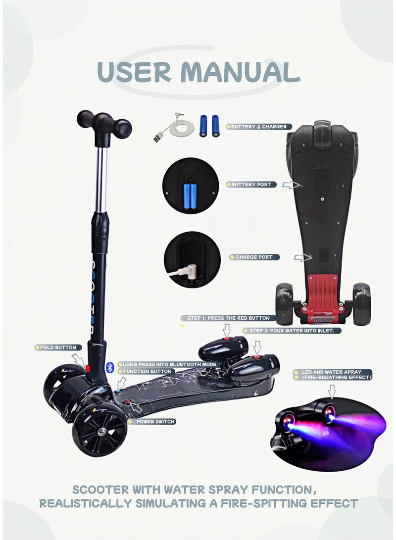 EASY FUTURE Kick Scooter for Kids 3-14 Years, 3-Wheel Design with Lean-to-Steer, LED Light Wheels, Bluetooth Music & Water Spray for Smoke Effect – Fun & Safe Outdoor Ride Including Full Protective Gear Set - Image 3