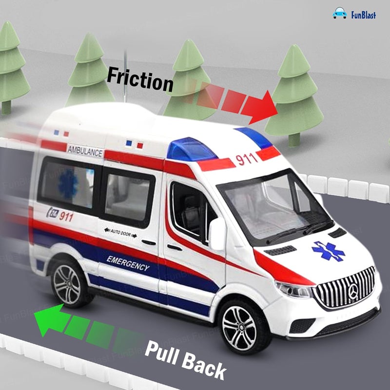 FunBlast لعبة سيارة إسعاف للأطفال – نموذج معدني مصغر بمقياس 1:24 مع ضوء وصوت، لعبة سيارة طوارئ تعمل بالطاقة الاحتكاكية للأطفال (متعددة الألوان) - Image 4